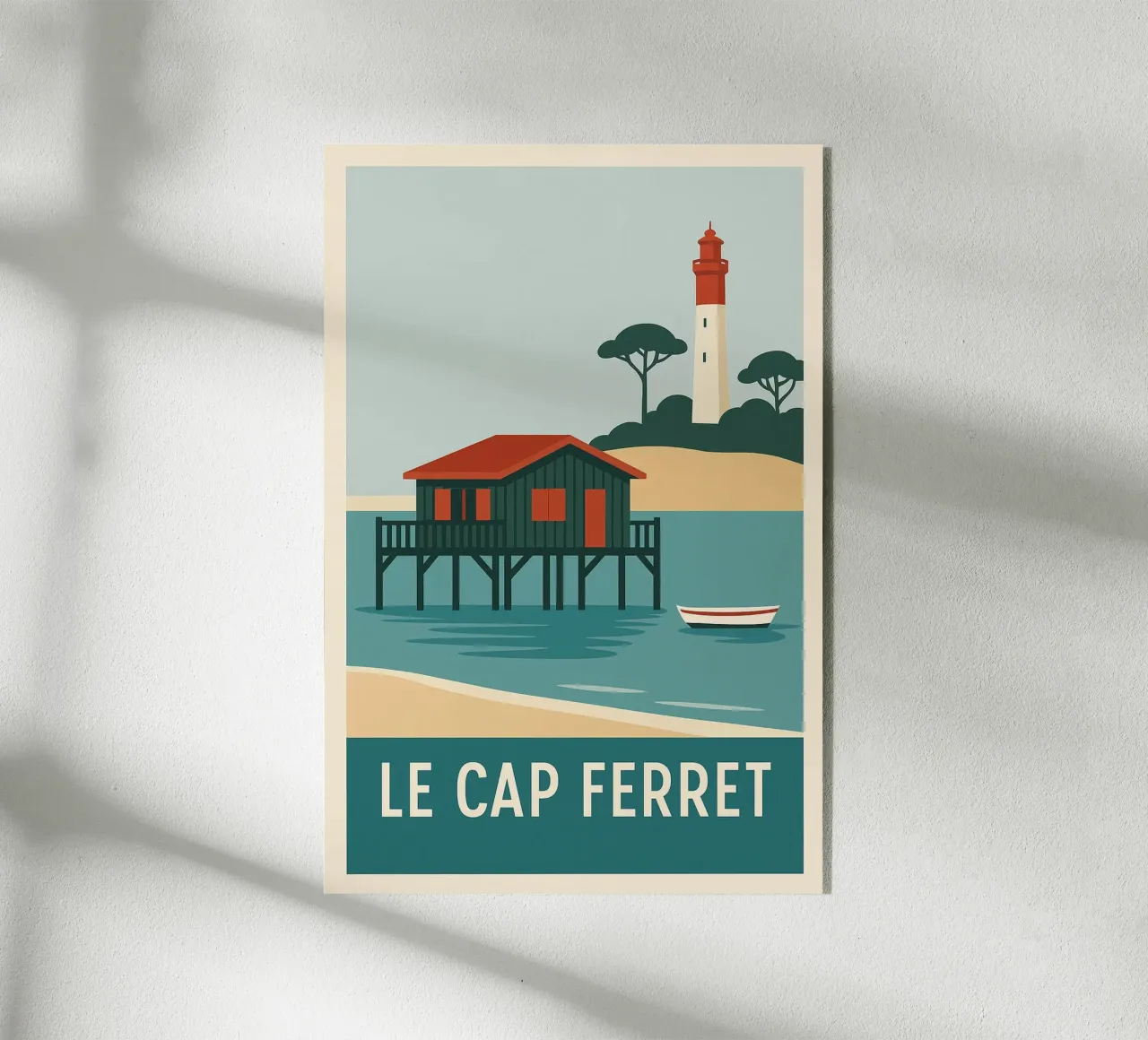 Cap Ferret - capanna su palafitte e iconico faro plexiglass da JETLAG | affiches voyage