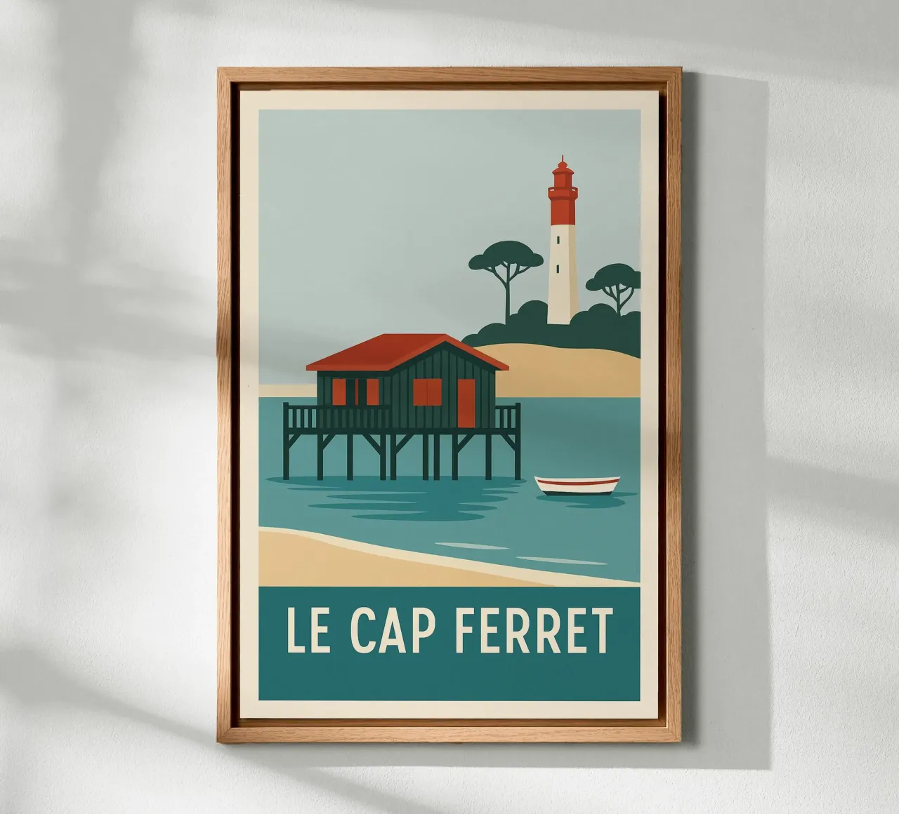 Cap Ferret - capanna su palafitte e iconico faro tela con Cornice a cassetta da JETLAG | affiches voyage