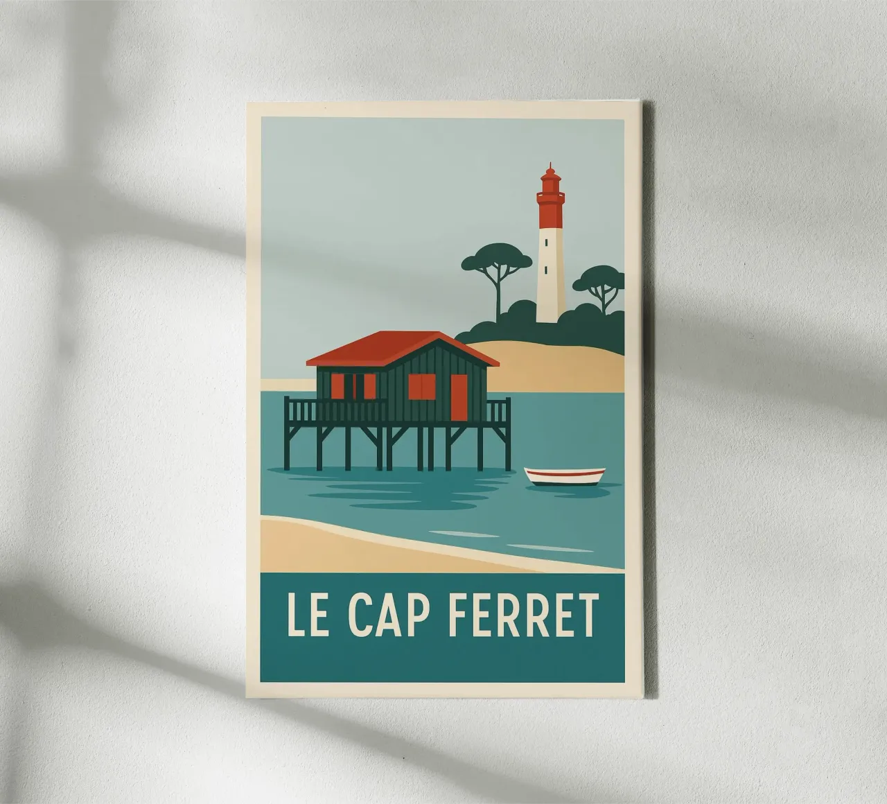 Cap Ferret - capanna su palafitte e iconico faro tela con Cornice a cassetta da JETLAG | affiches voyage