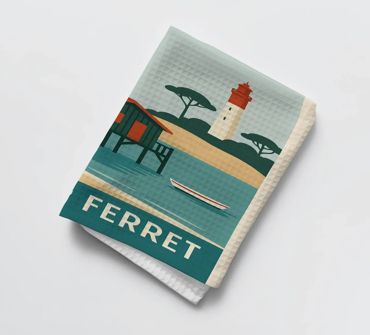 Cap Ferret - capanna su palafitte e iconico faro canovaccio da cucina da JETLAG | affiches voyage