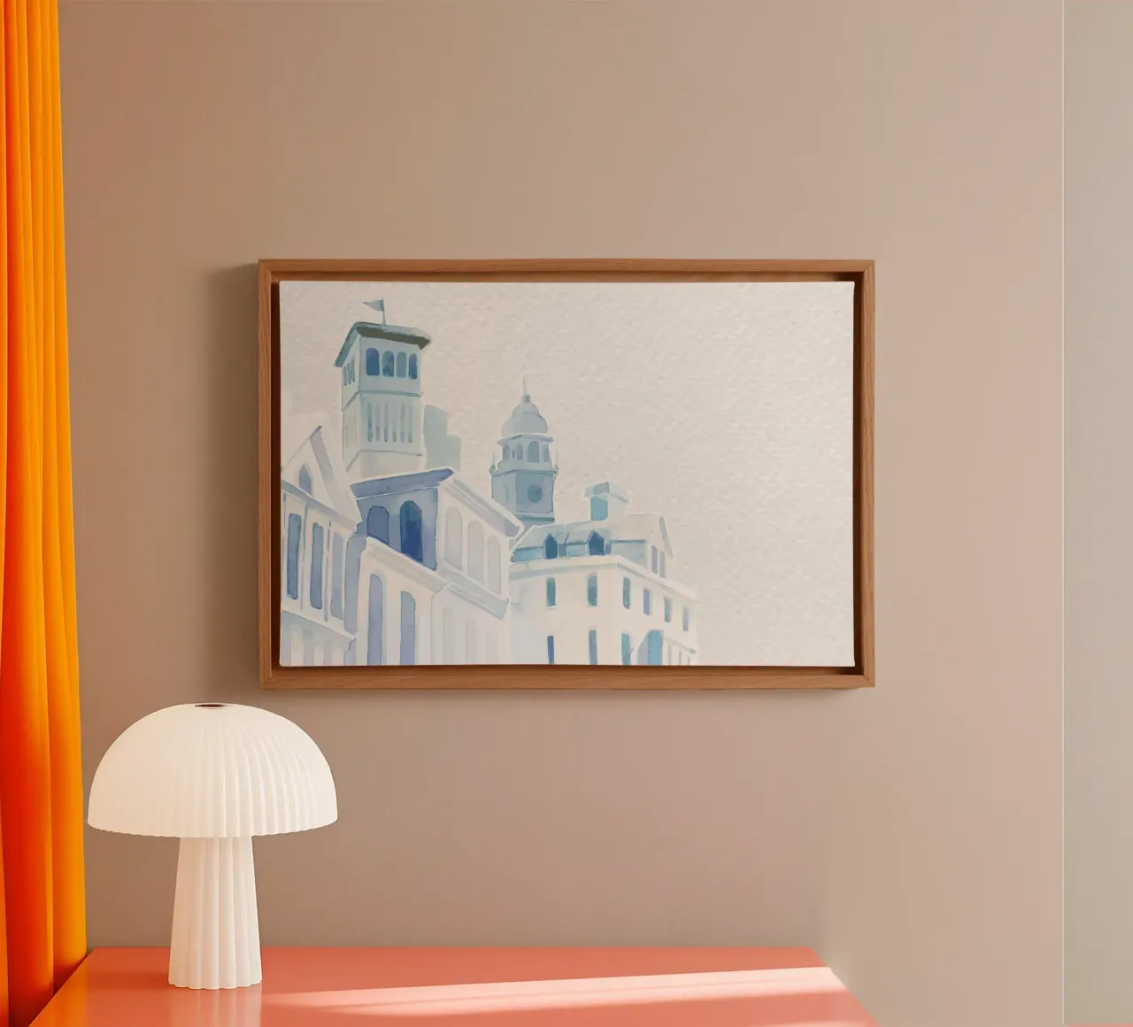 Blauwe daken stadslandschap - Aquarel Architecturale Print canvas met Baklijst van NorwesClub