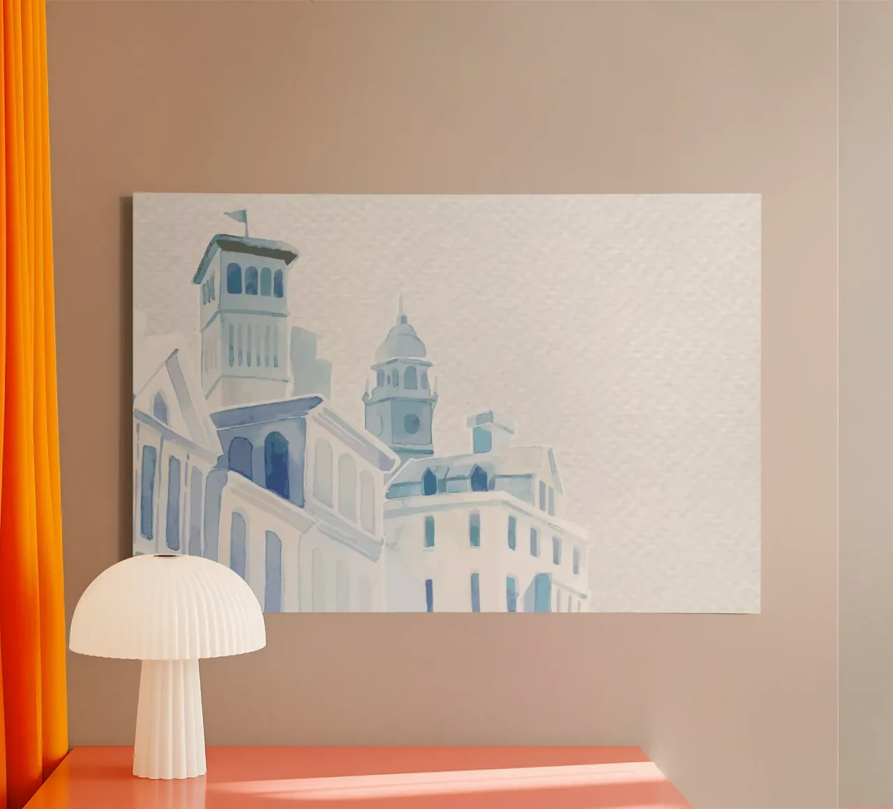 Blauwe daken stadslandschap - Aquarel Architecturale Print canvas met Baklijst van NorwesClub