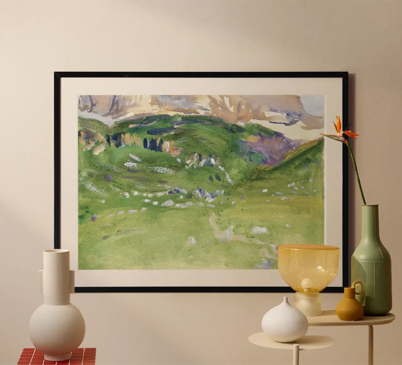 Colline verdi e vibranti - Paesaggio impressionista ad acquerello poster con telaio in plastica da NorwesClub