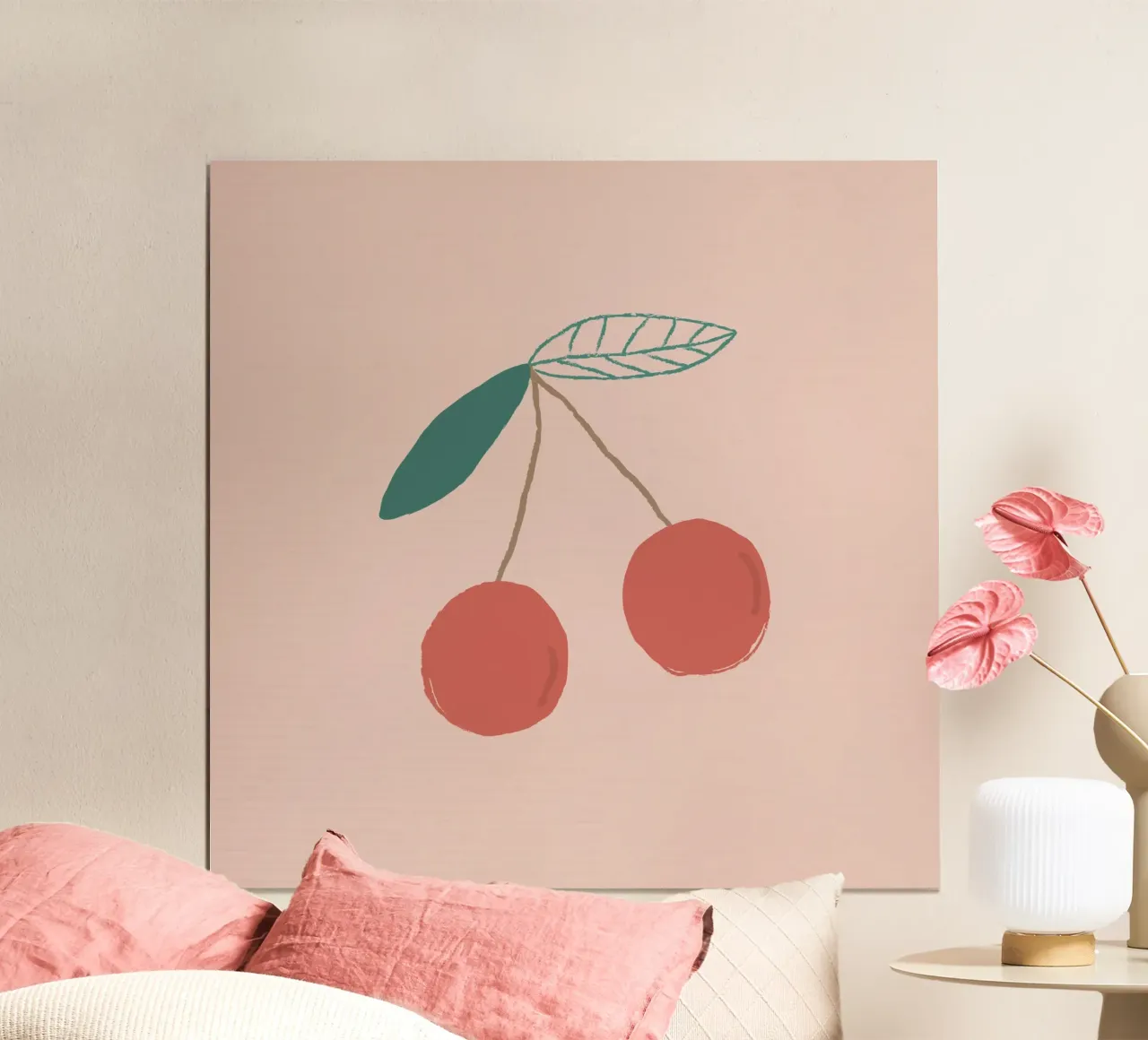 Ramo di ciliegio minimalista - Stampa artistica di frutta rosa pastello poster con telaio in alluminio da NorwesClub