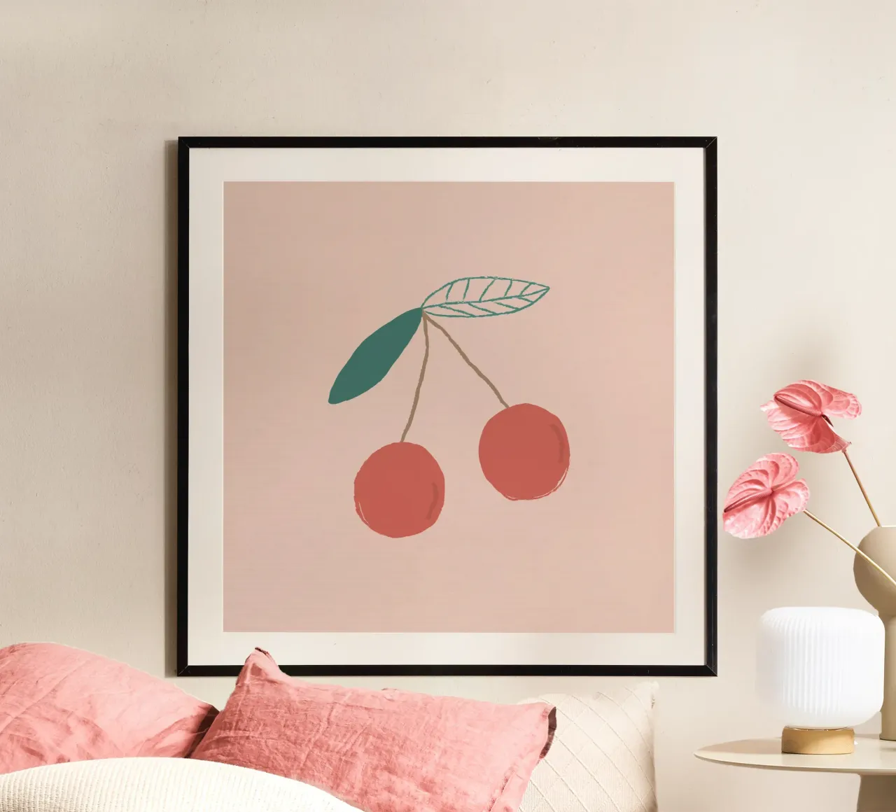 Ramo di ciliegio minimalista - Stampa artistica di frutta rosa pastello poster con telaio in alluminio da NorwesClub