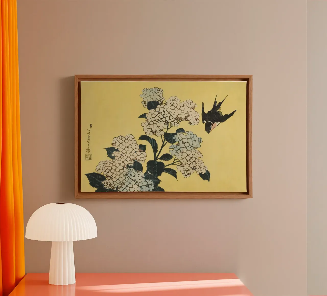 Utagawa Hiroshige Hydrangeas & Swallow - Ukiyo-e Japanese Ar canvas met Baklijst van NorwesClub