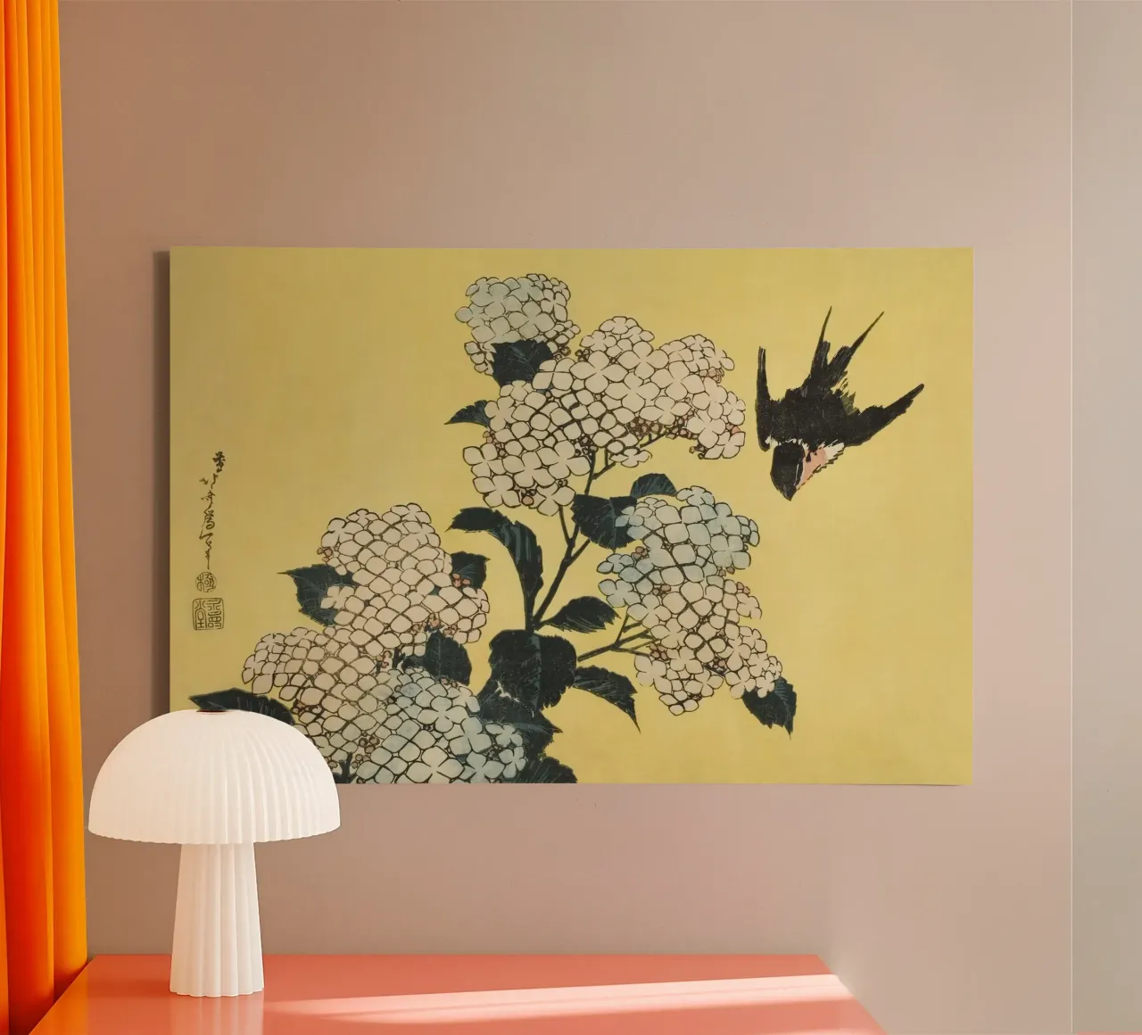 Utagawa Hiroshige Hydrangeas & Swallow - Ukiyo-e Japanese Ar canvas met Baklijst van NorwesClub