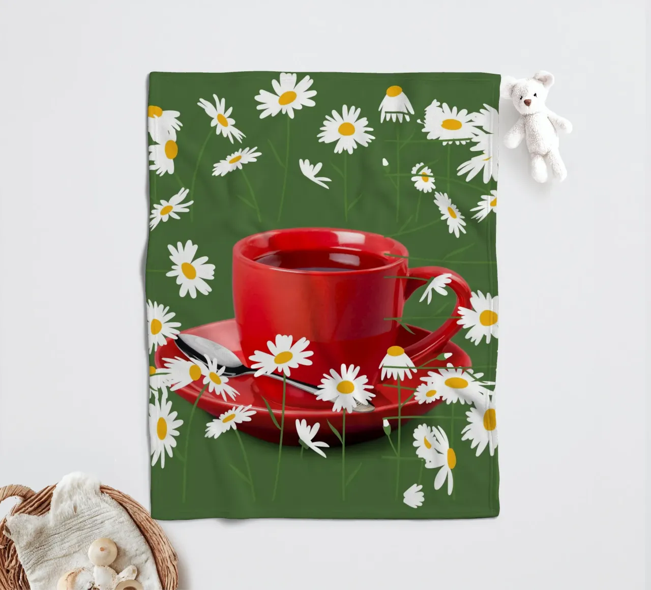 Verre à thé en porcelaine avec fleurs de camomille - Tableau vert, mode plaid polaire de StrindesignStudio