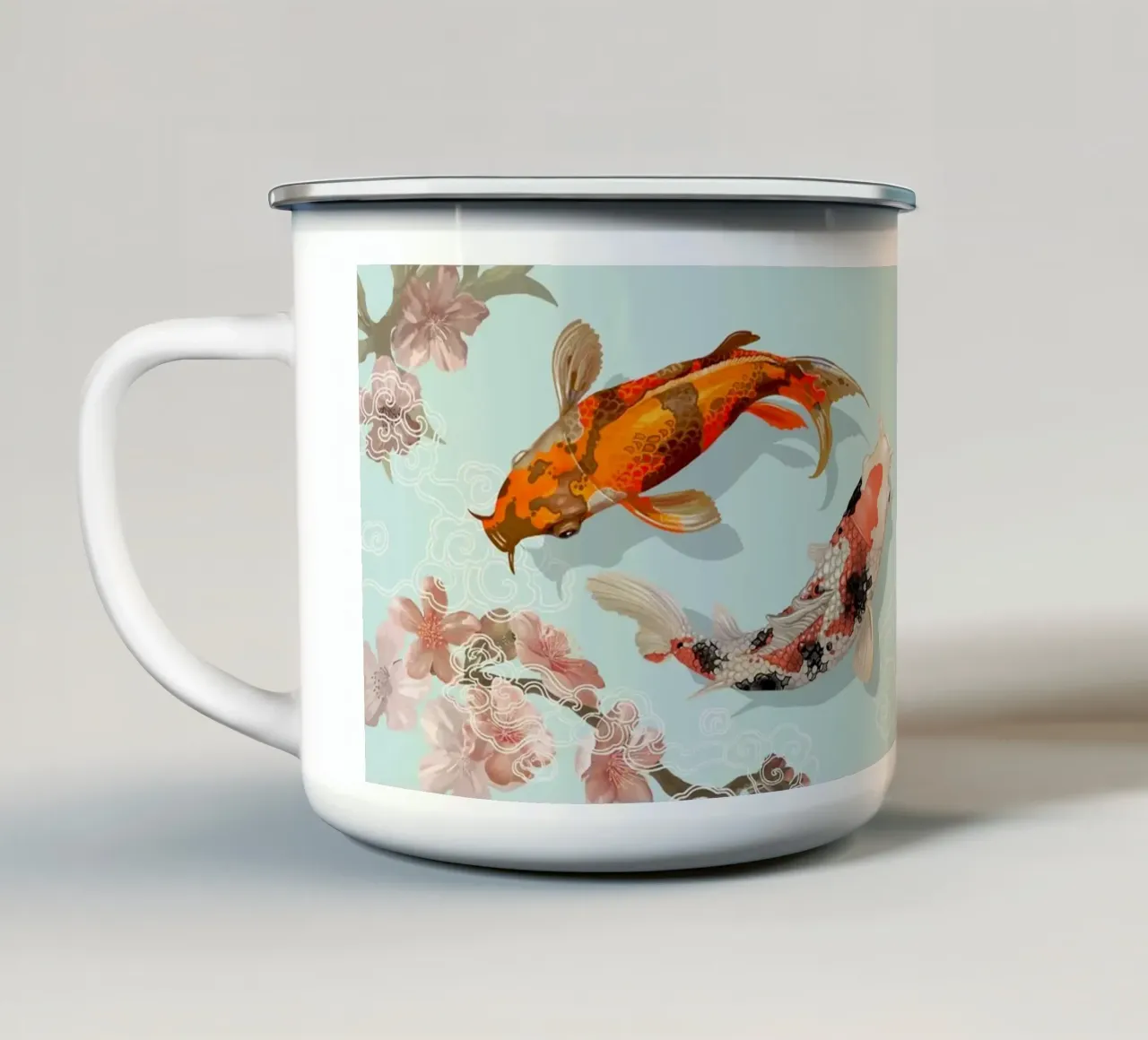 Pesce Koi e sakura Yin Yang - Stampa d'arte giapponese Harmony tazza in smalto da NorwesClub
