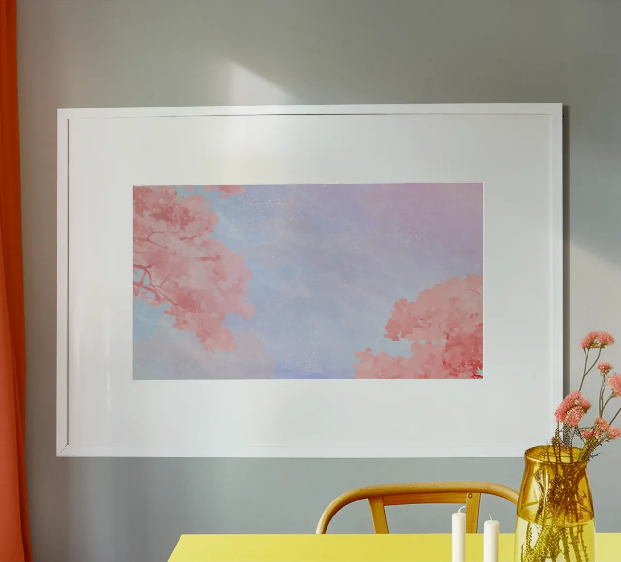 Verträumter Kirschblütenhimmel - Ätherische Pastellblumenkunst Poster mit Kunststoffrahmen von NorwesClub