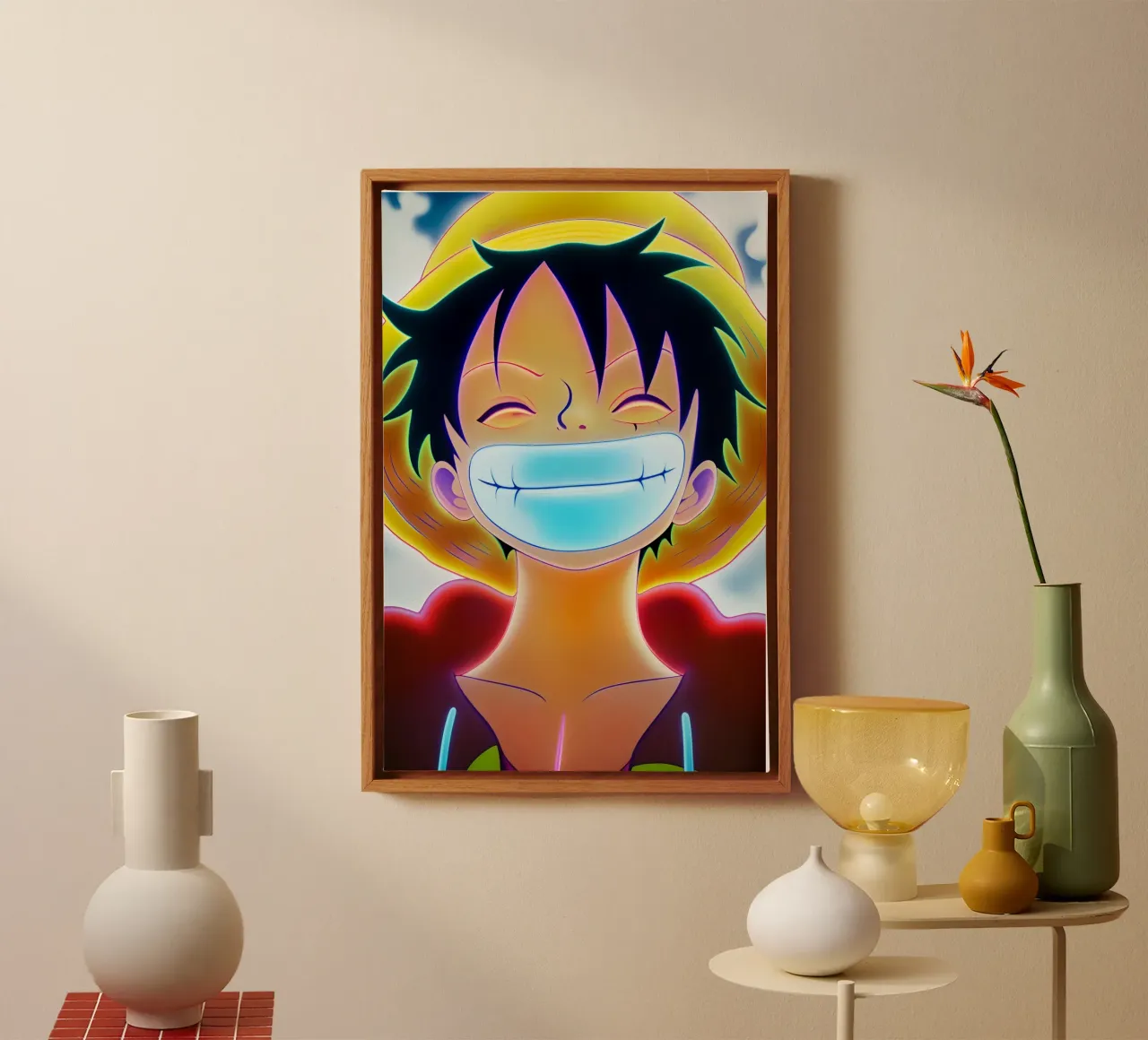 Monkey d Luffy gouden glimlach neon kunst canvas met Baklijst van BONANZA