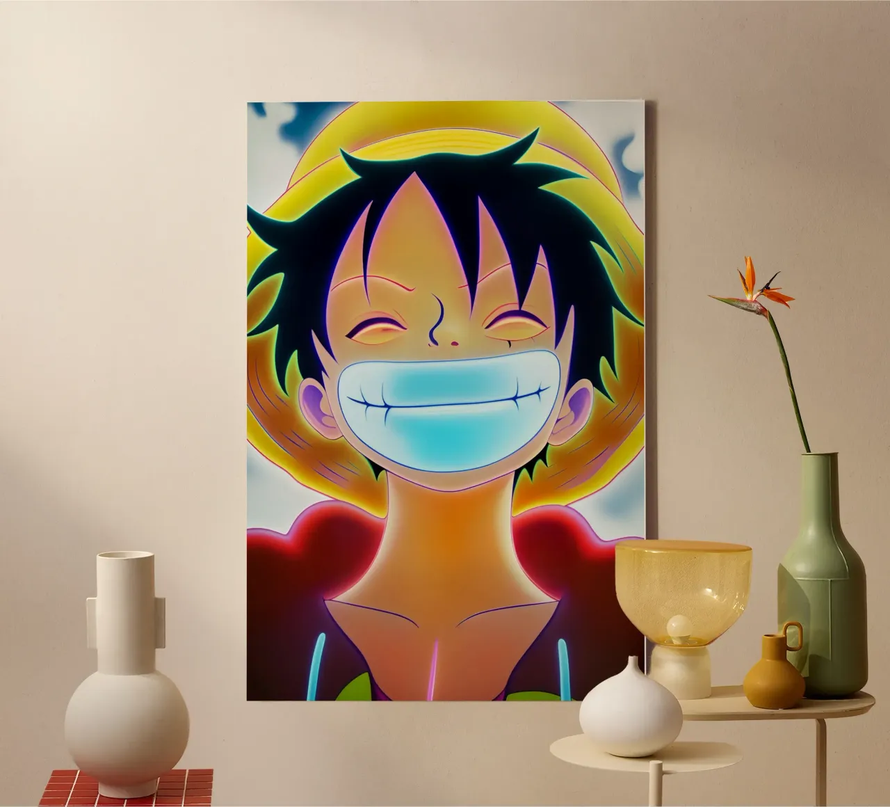 Monkey d Luffy gouden glimlach neon kunst canvas met Baklijst van BONANZA