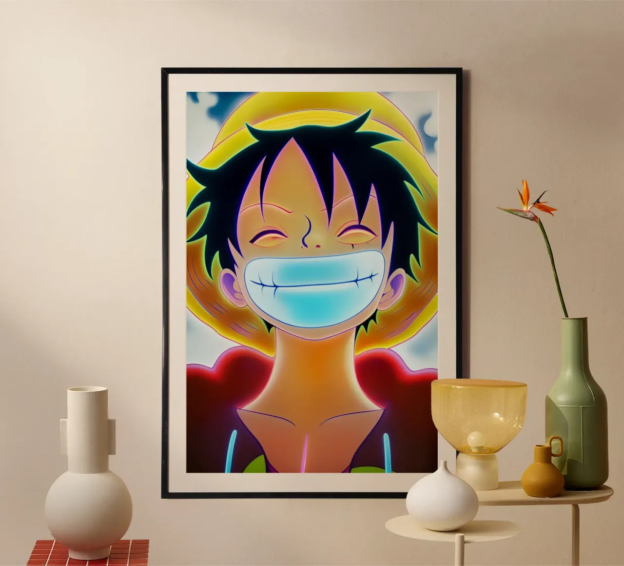 Monkey d Luffy Gold Lächeln Neon Kunst Poster mit Holzrahmen von BONANZA