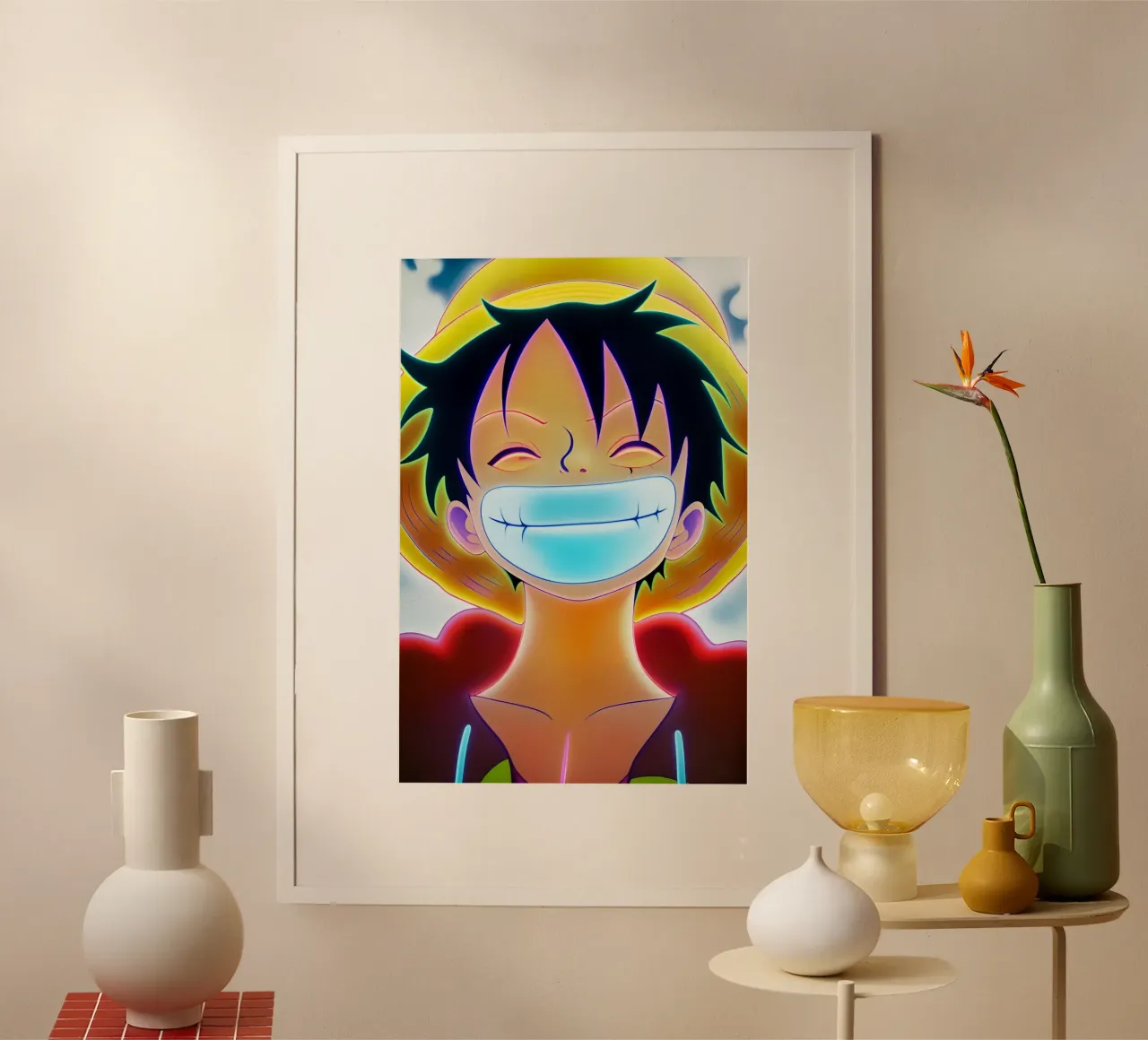 Monkey d Luffy Gold Lächeln Neon Kunst Poster mit Holzrahmen von BONANZA