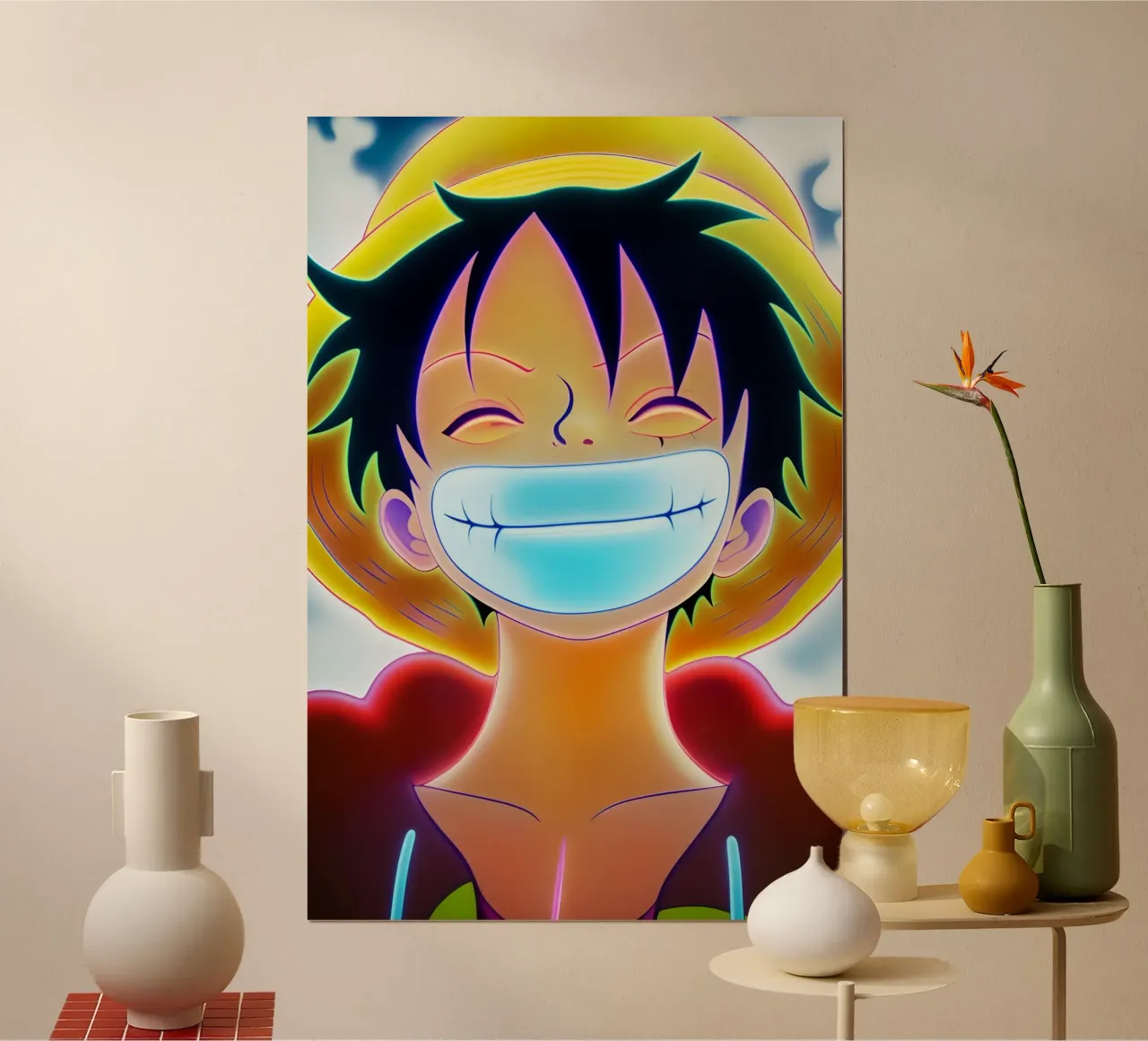 Monkey d Luffy Gold Lächeln Neon Kunst Poster mit Holzrahmen von BONANZA