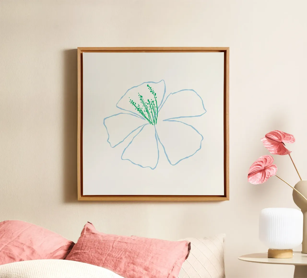 Minimalistische witte bloem groen centrum - Moderne Botanische Prin canvas met Baklijst van NorwesClub