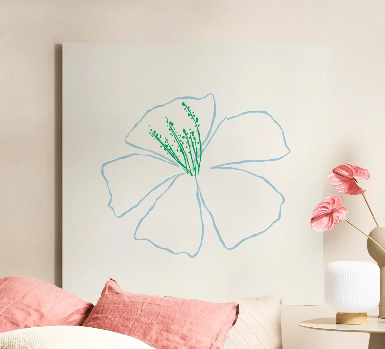 Minimalistische witte bloem groen centrum - Moderne Botanische Prin canvas met Baklijst van NorwesClub
