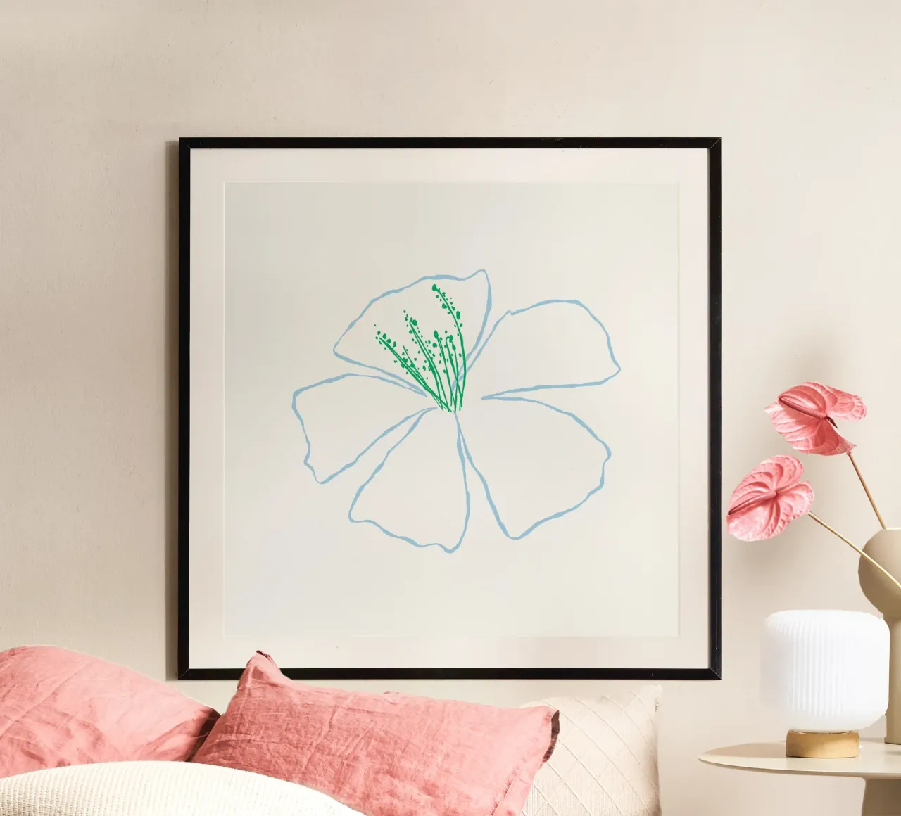 Fiore bianco minimalista al centro del verde - Prin botanico moderno poster con telaio in alluminio da NorwesClub