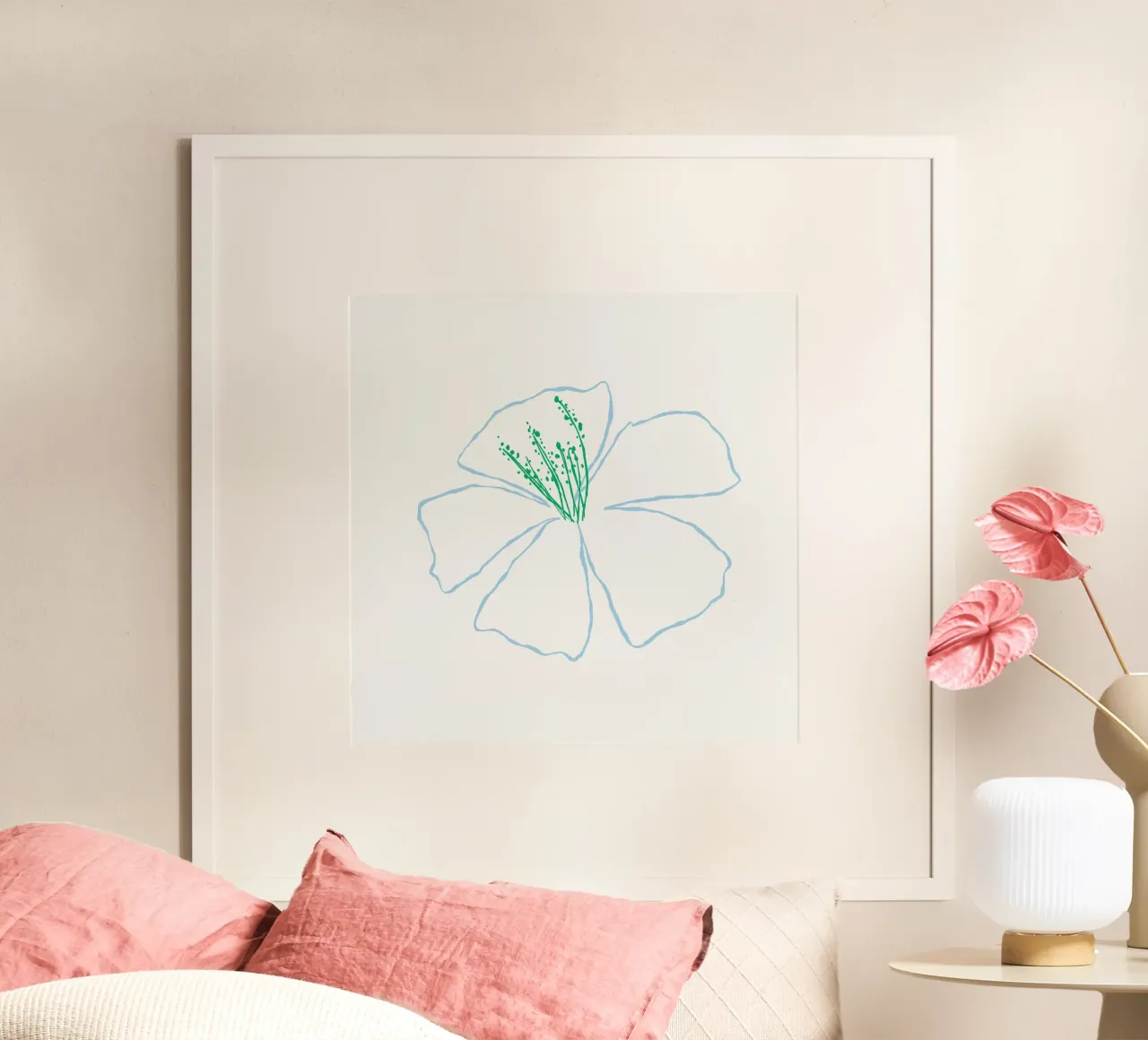 Fiore bianco minimalista al centro del verde - Prin botanico moderno poster con telaio in alluminio da NorwesClub