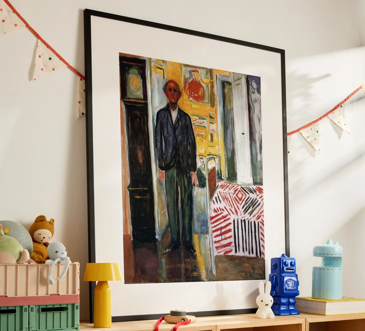 naast het bed van edvard munch poster met houten frame van cupcup art