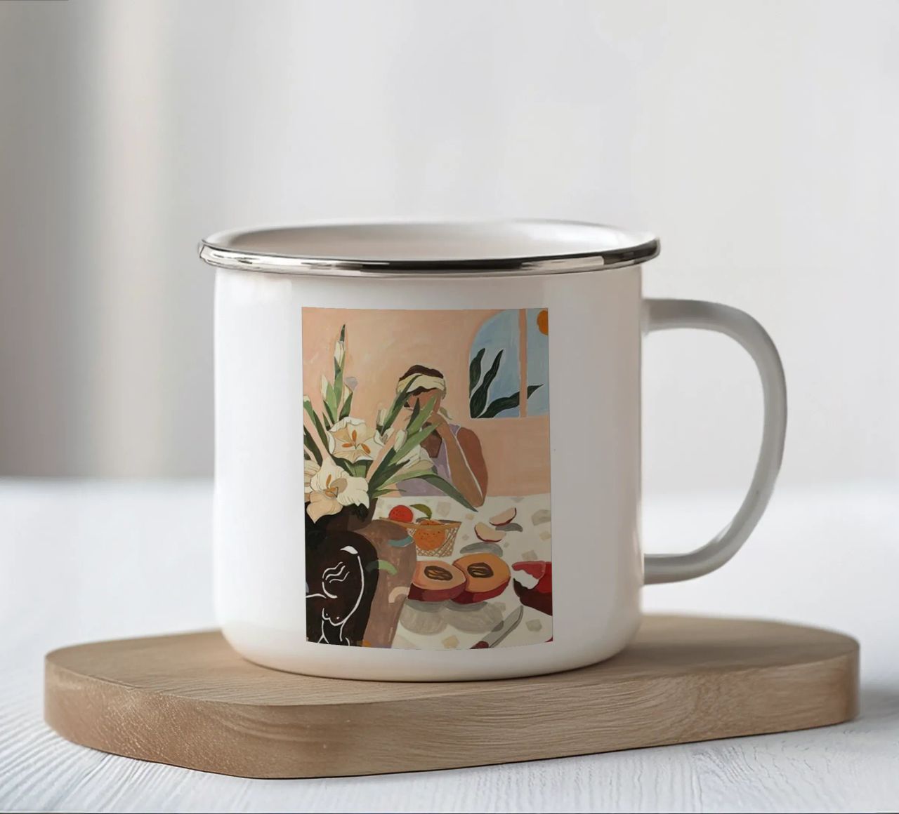 donna che gusta un frutto di guava artistico tazza in smalto da kopok first