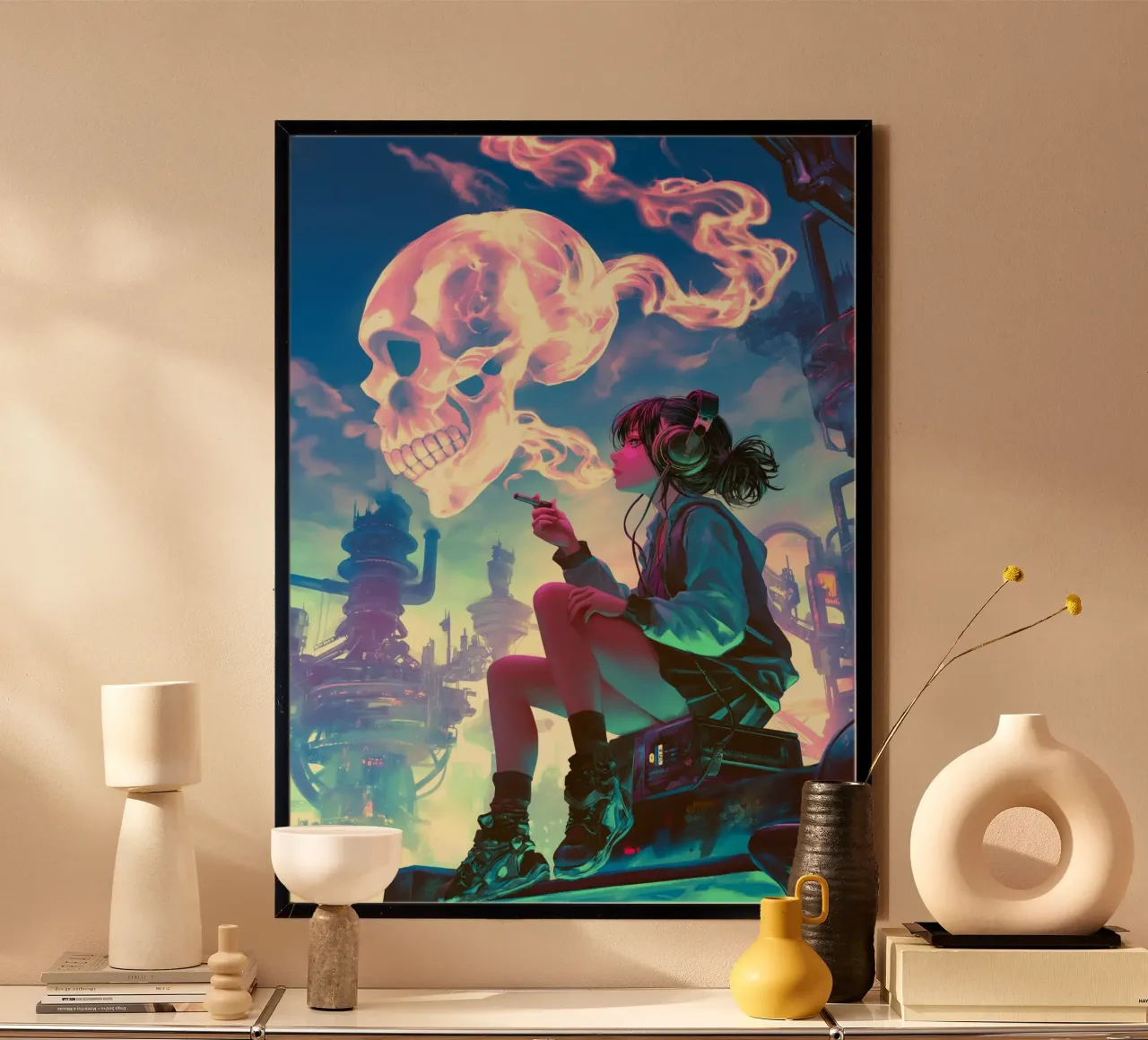 Ragazza Anime Cyberpunk che fuma carta hahnemühle da Fleur de Lys