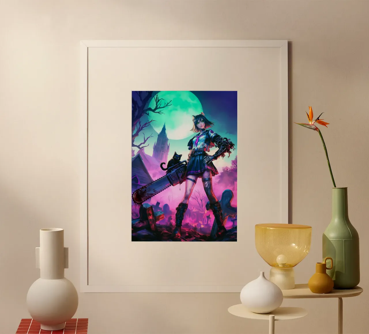Ragazza goth di Halloween con motosega poster da Fleur de Lys