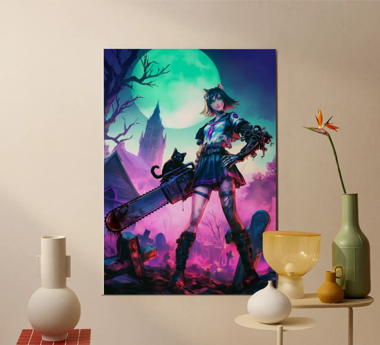 Ragazza goth di Halloween con motosega poster da Fleur de Lys