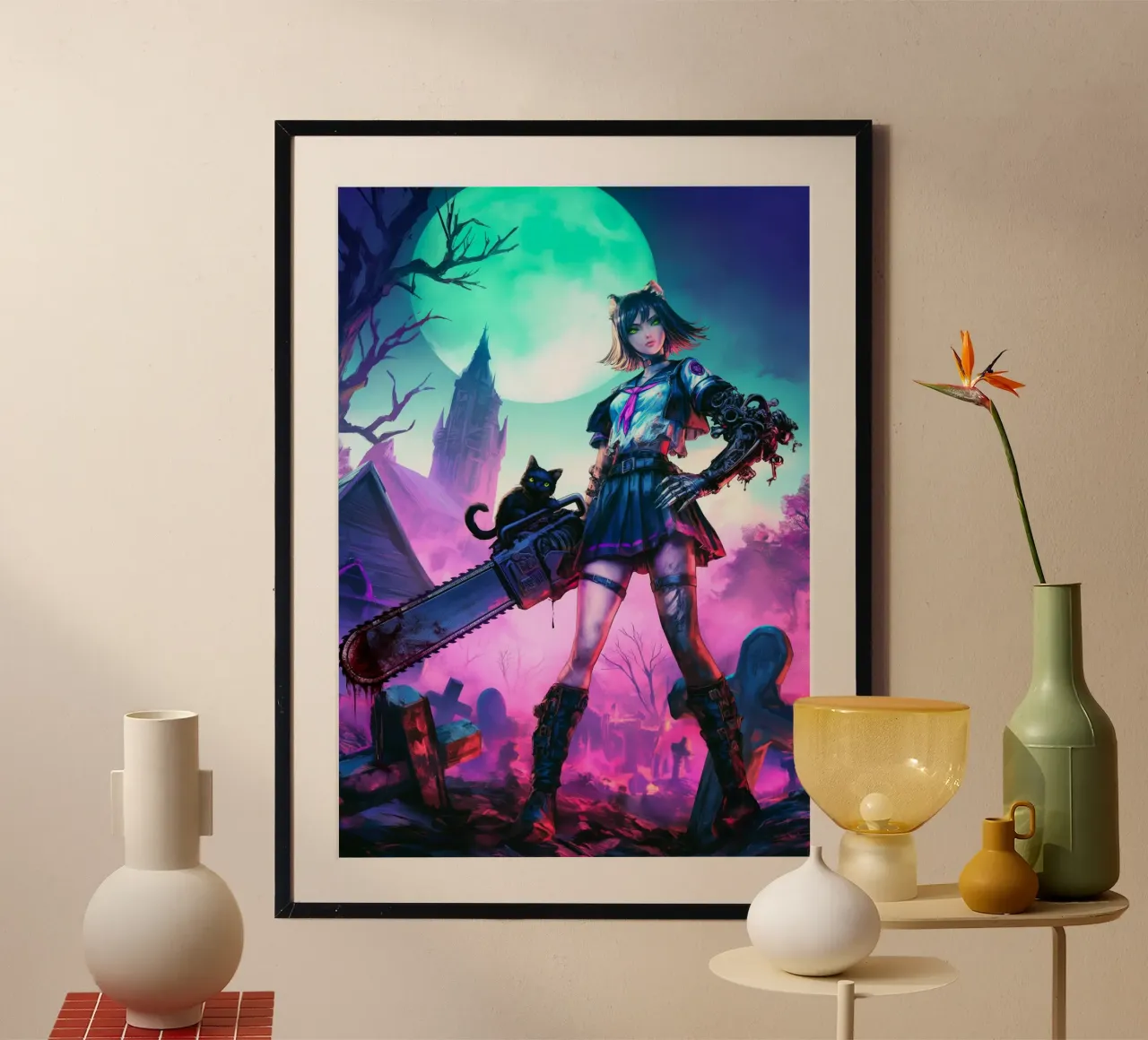 Ragazza goth di Halloween con motosega poster da Fleur de Lys