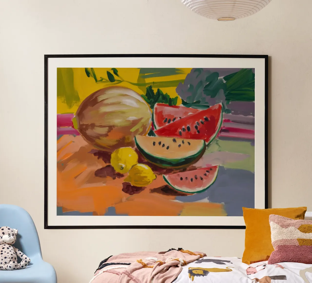 Gioia dell'anguria e degli agrumi poster con telaio in legno da Radiance Landscape