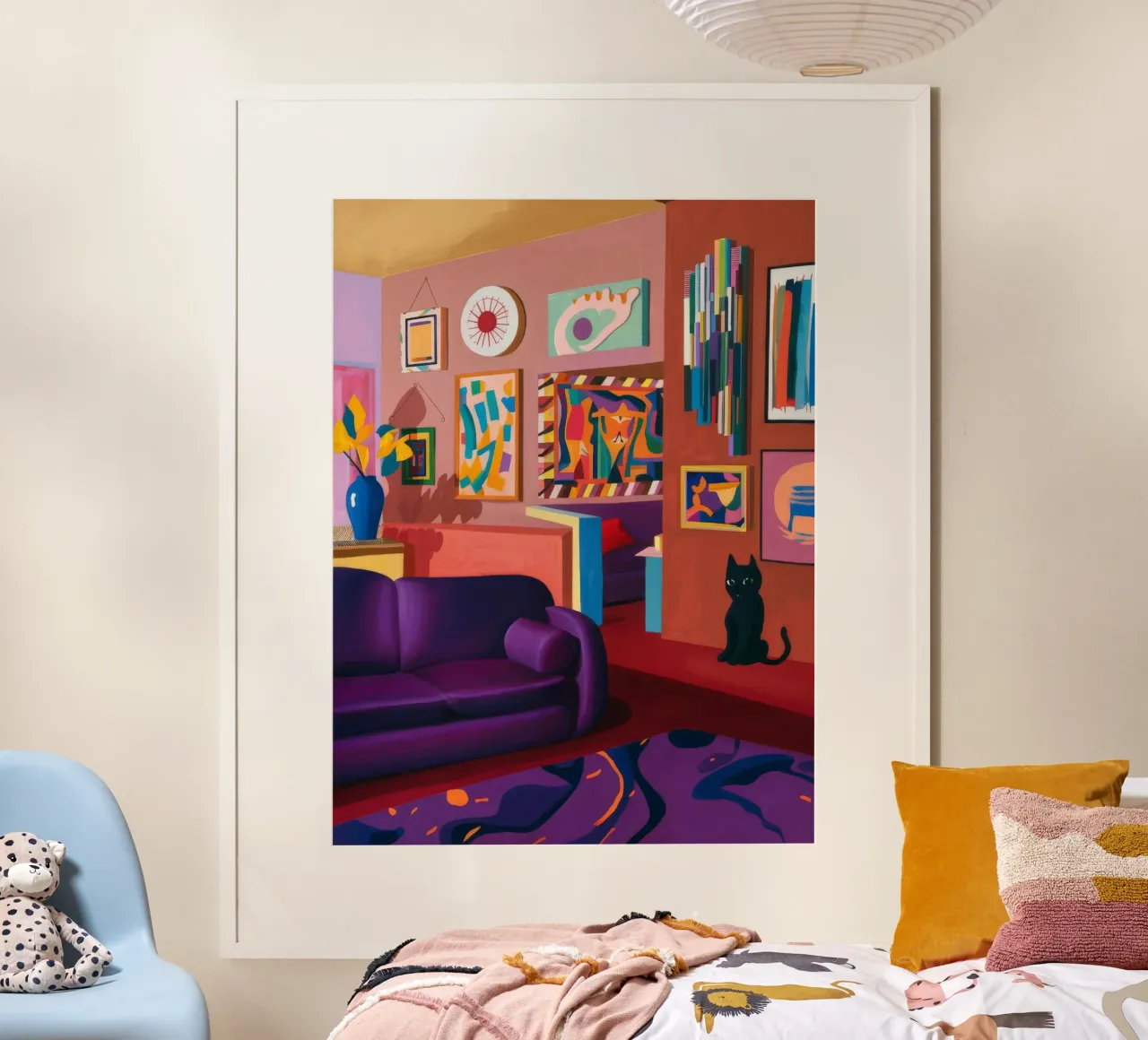 Salotto felino viola poster con telaio in legno da Opal Strokes