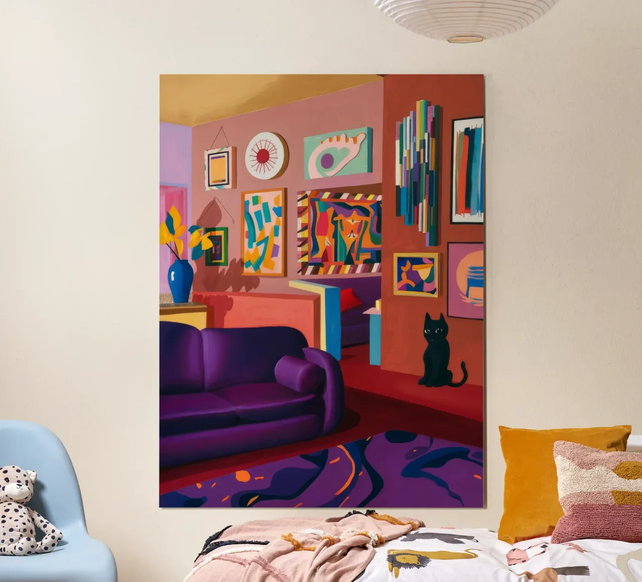 Salotto felino viola poster con telaio in legno da Opal Strokes