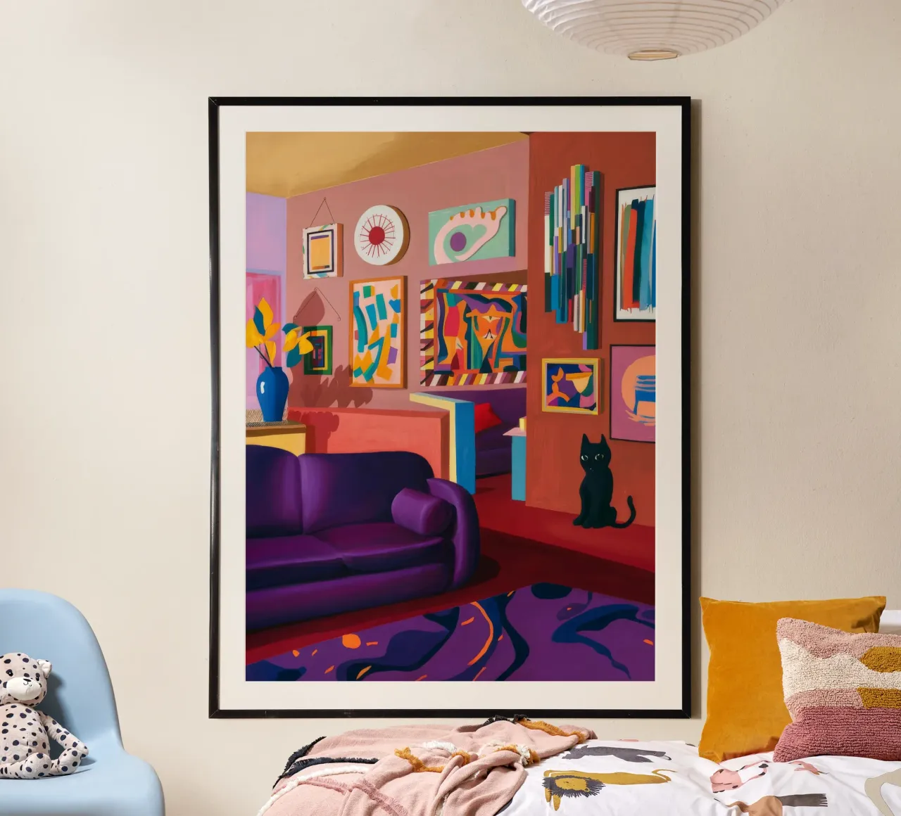 Salotto felino viola poster con telaio in legno da Opal Strokes