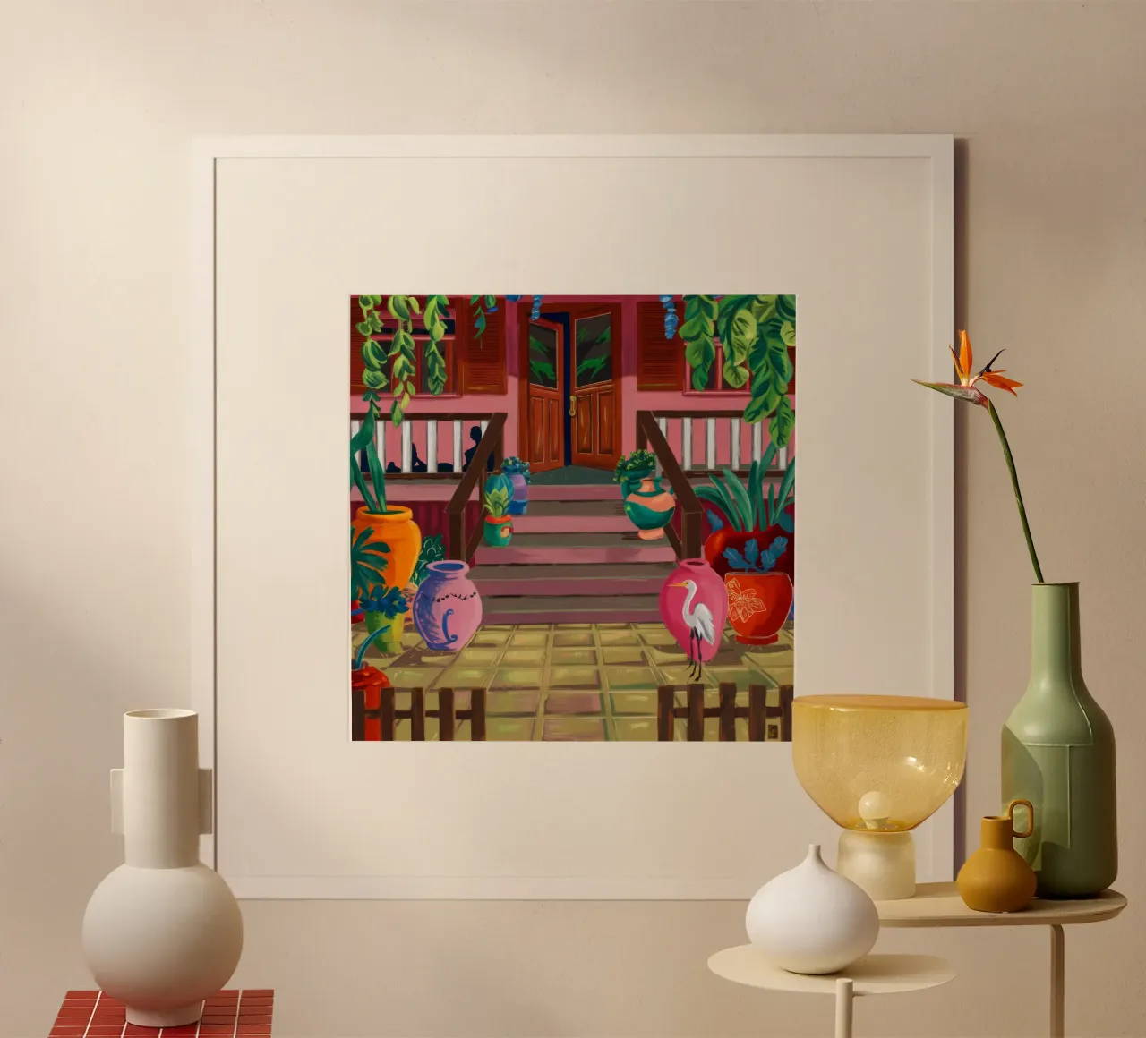 Riunione nel patio illuminato dal sole poster con telaio in legno da Opal Strokes