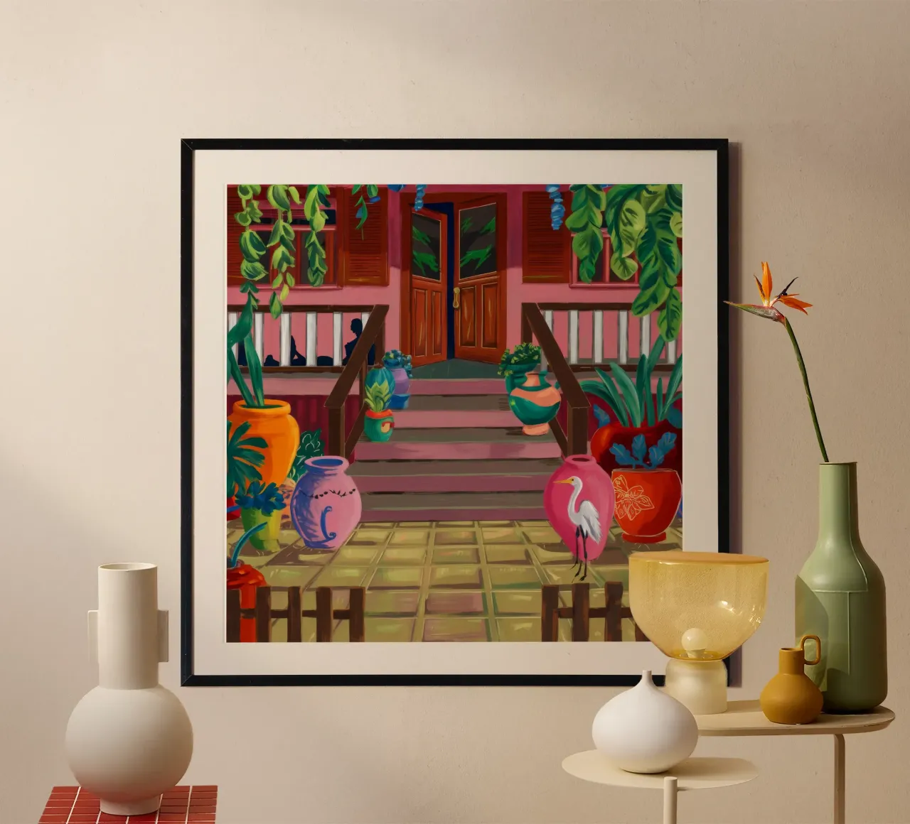 Riunione nel patio illuminato dal sole poster con telaio in legno da Opal Strokes