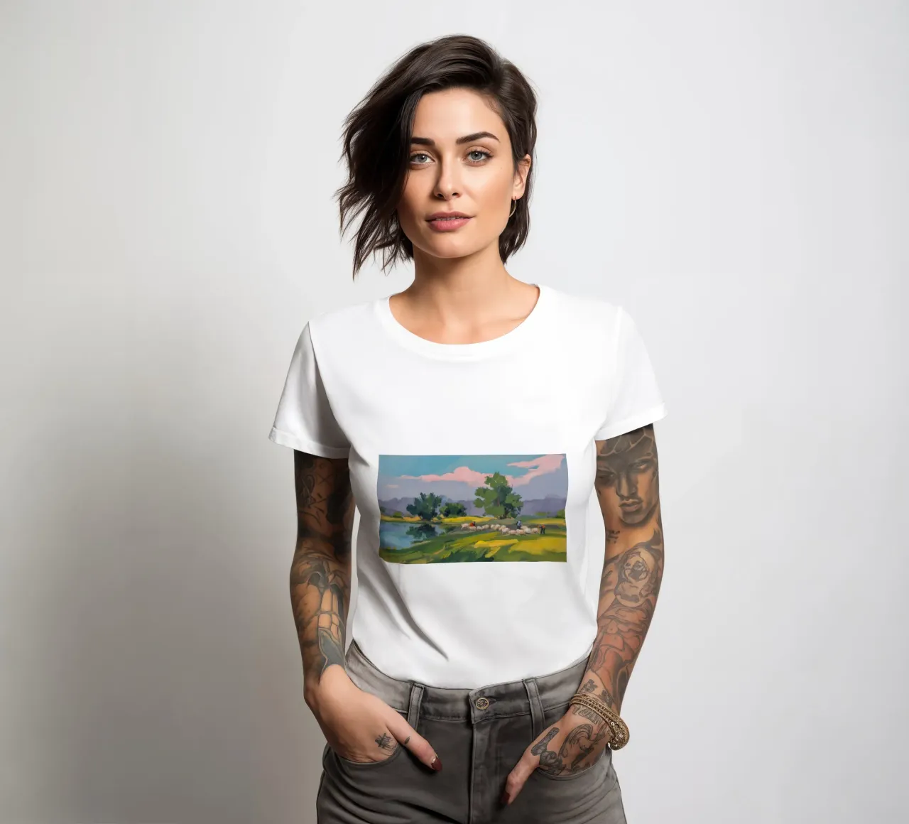 Pradera del Lago Calma camiseta de mujer de Radiance Landscape