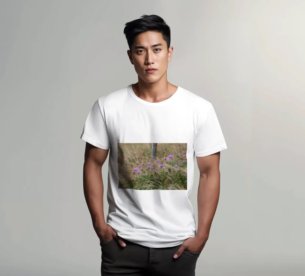 Fiori viola su erba gialla e verde t-shirt da byrieneke