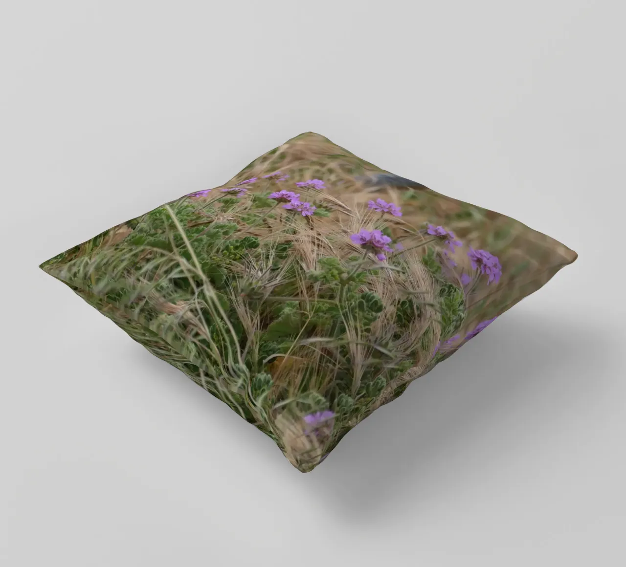Fiori viola su erba gialla e verde cuscino da byrieneke
