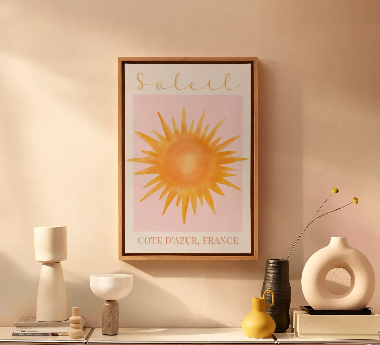 Soleil Print, Reis Poster, Zomer Print canvas met Baklijst van Bella Studio