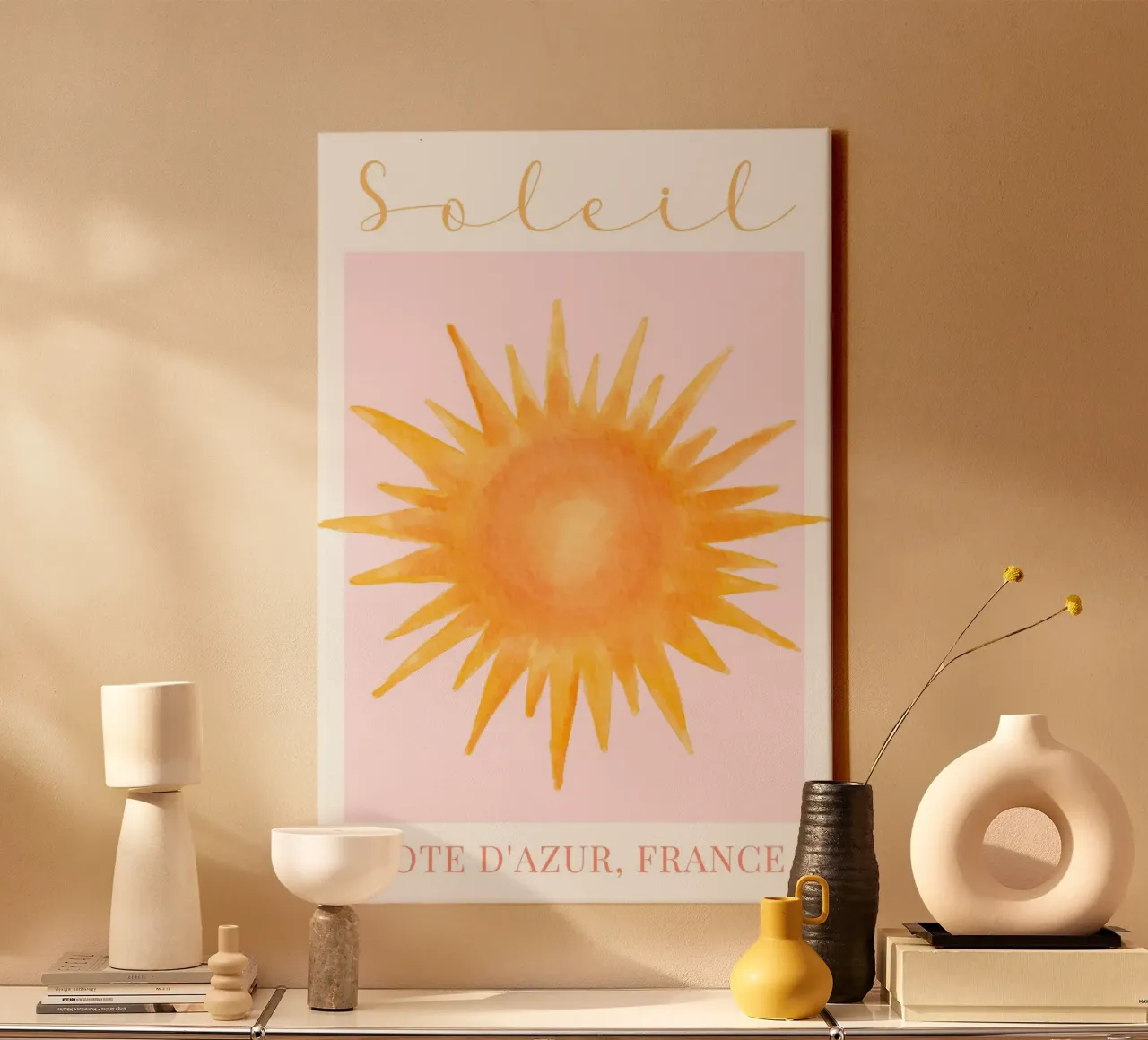 Soleil Print, Reis Poster, Zomer Print canvas met Baklijst van Bella Studio