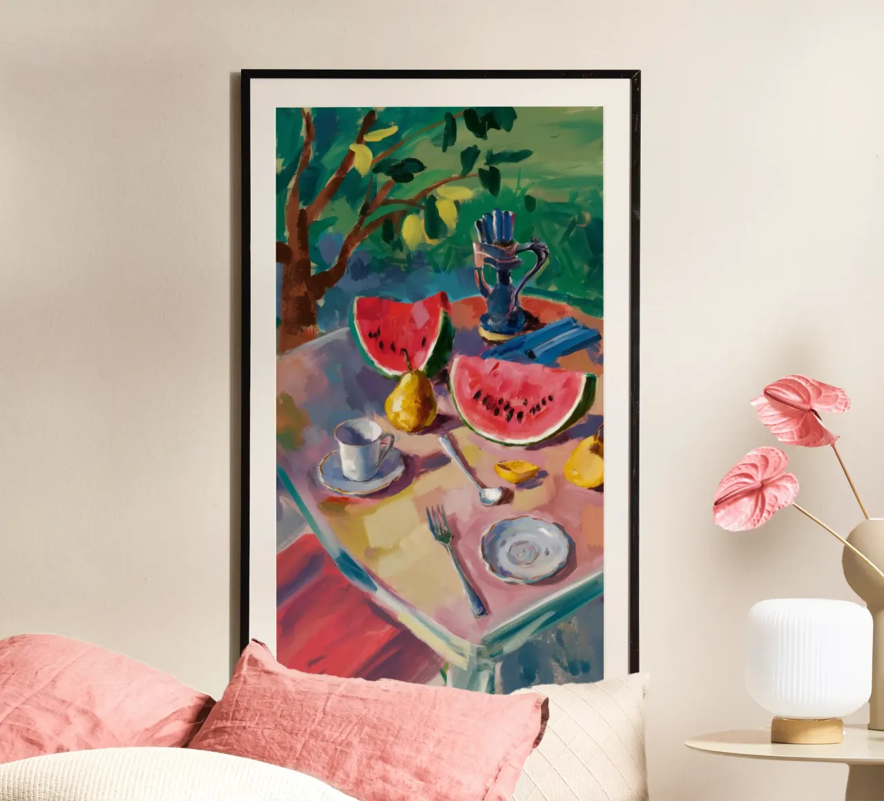 Refresco de café con sandía poster con marco de plástico de Radiance Landscape