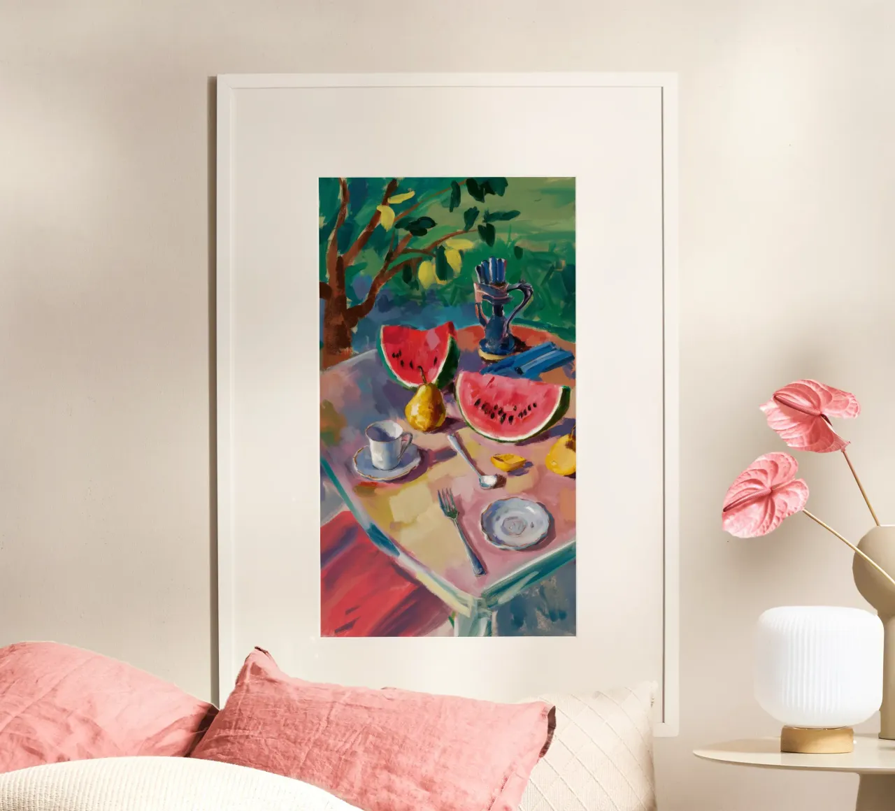 Refresco de café con sandía poster con marco de plástico de Radiance Landscape