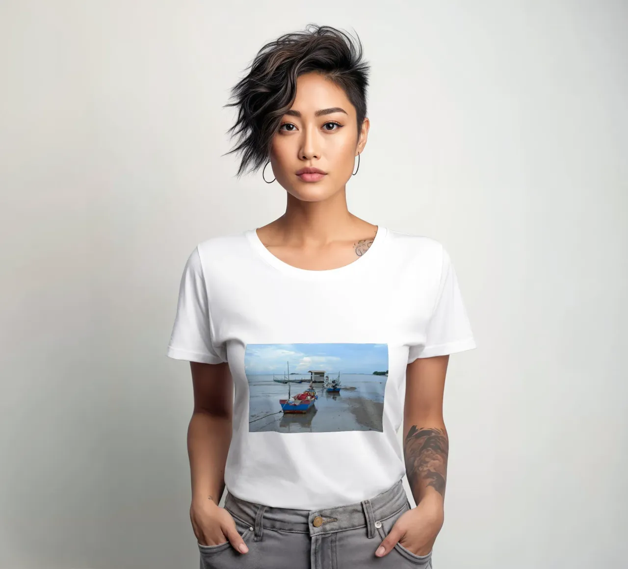 Two fishing boats near the Floating Mosque in Penang women's fitted t-shirt by byrieneke