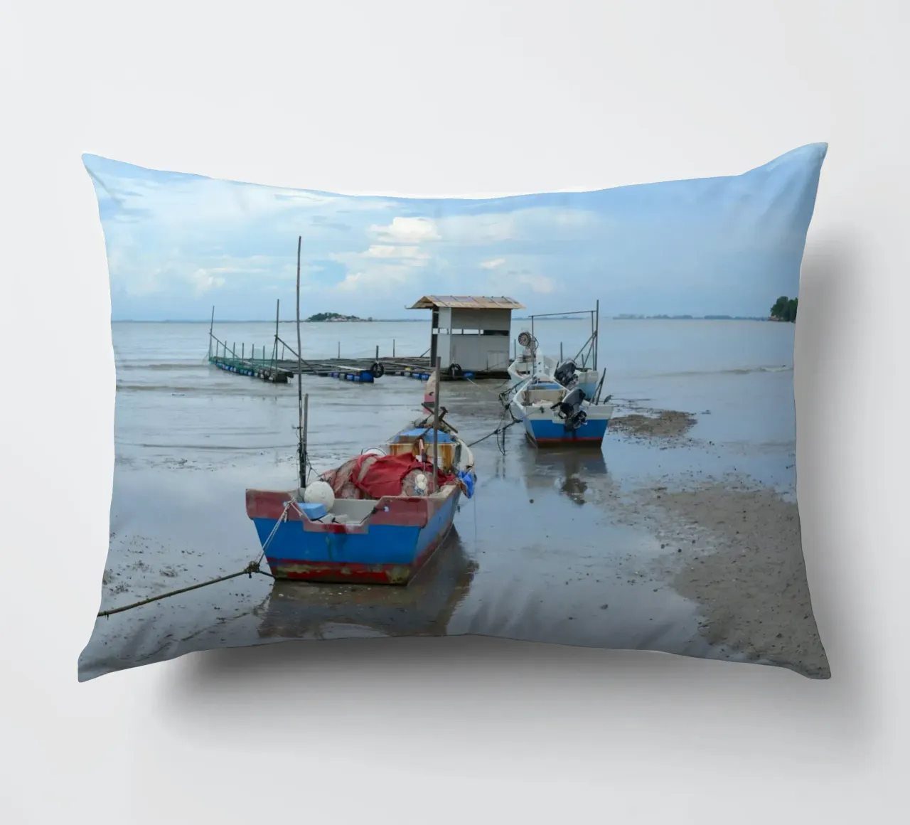 Two fishing boats near the Floating Mosque in Penang decorative cushion by byrieneke