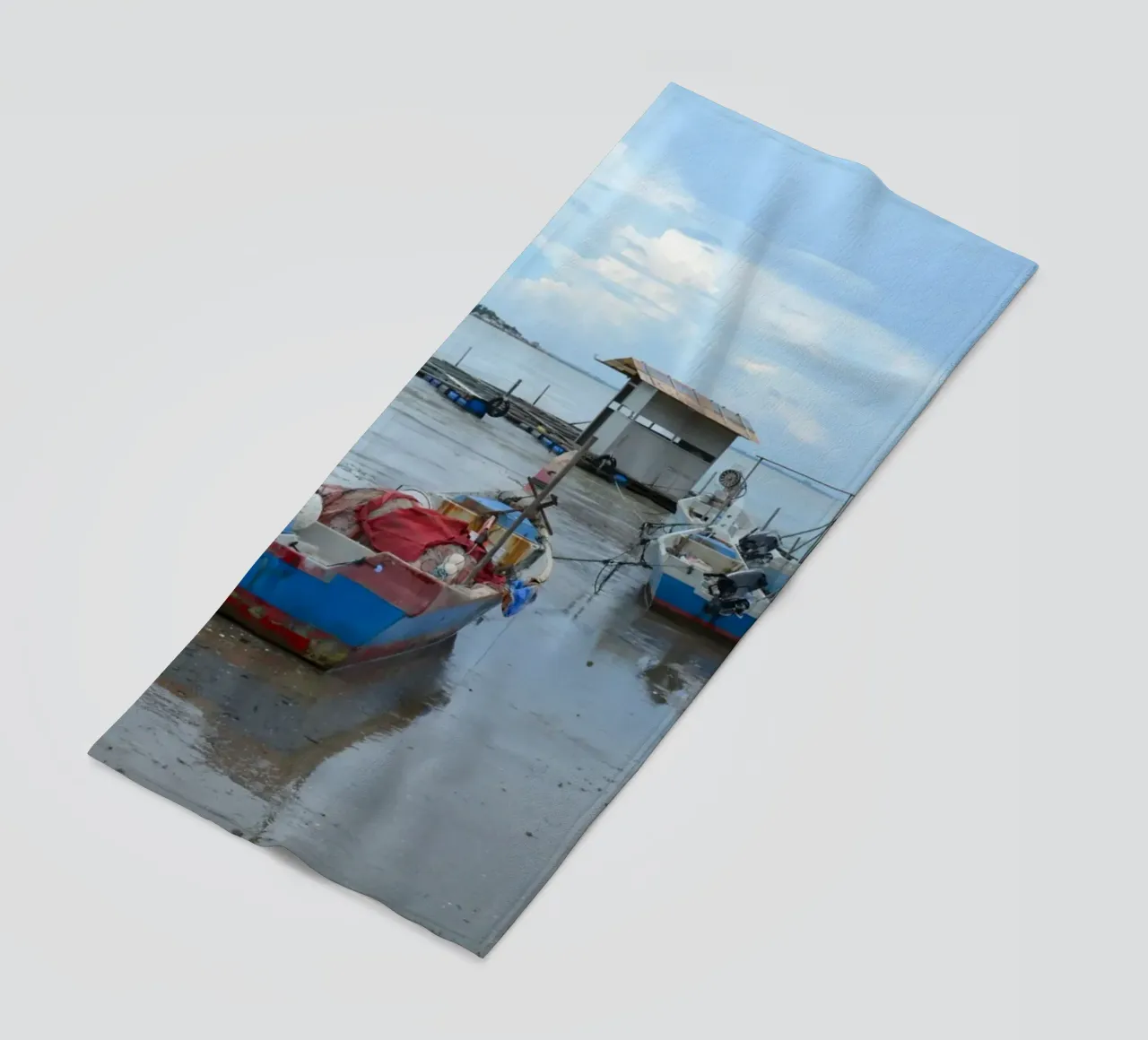 Two fishing boats near the Floating Mosque in Penang beach towel by byrieneke