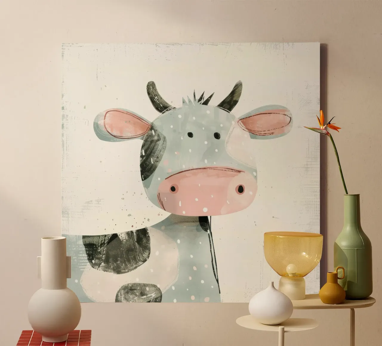 Mucca pastello con macchie giocose tela da DesignDoodle