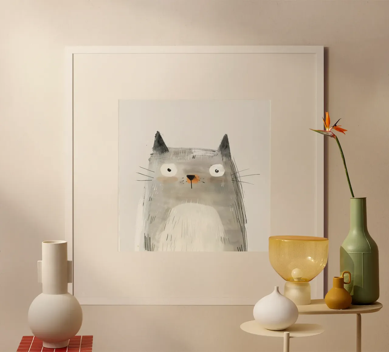 Mysteriöse graue Katze in der modernen Kunst Poster mit Holzrahmen von DesignDoodle