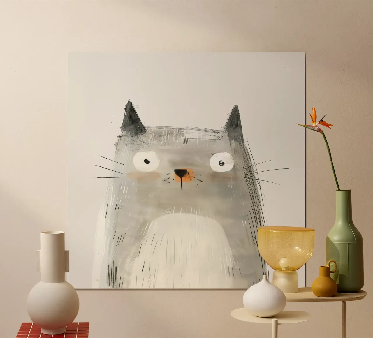 Mysteriöse graue Katze in der modernen Kunst Poster mit Holzrahmen von DesignDoodle
