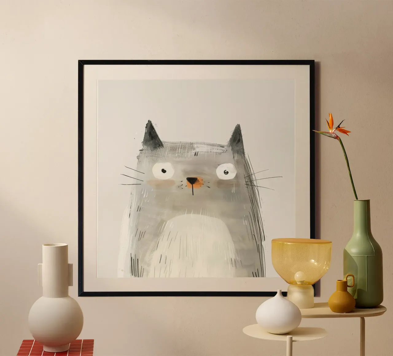 Mysteriöse graue Katze in der modernen Kunst Poster mit Holzrahmen von DesignDoodle