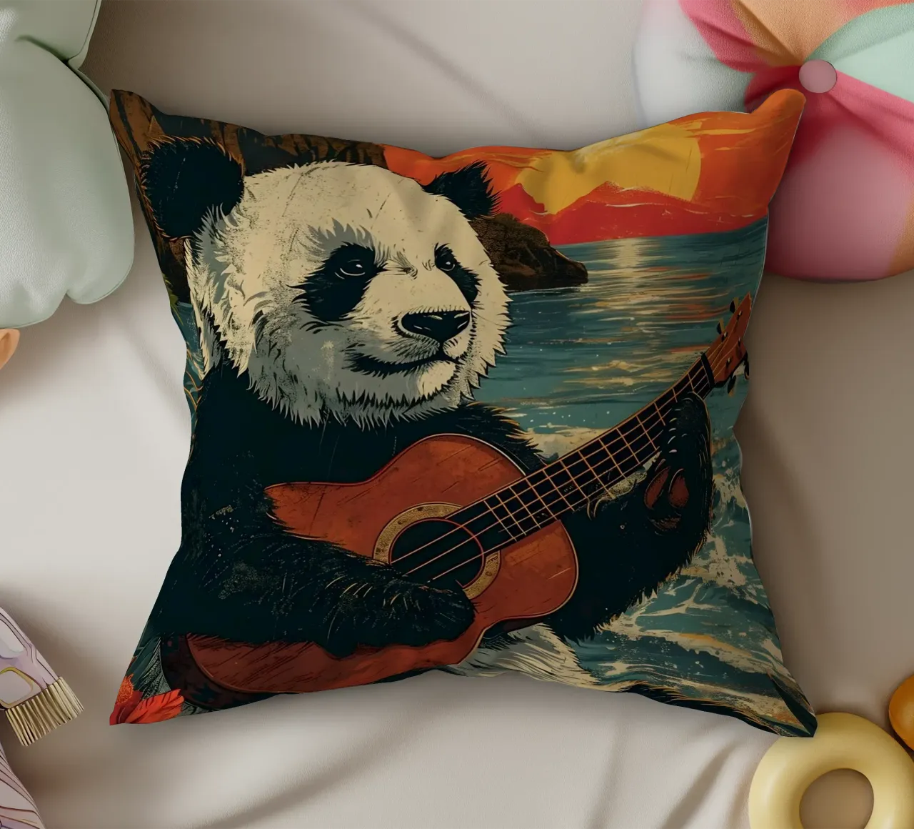 Panda spielt Gitarre am Strand cuscino da WILD ART